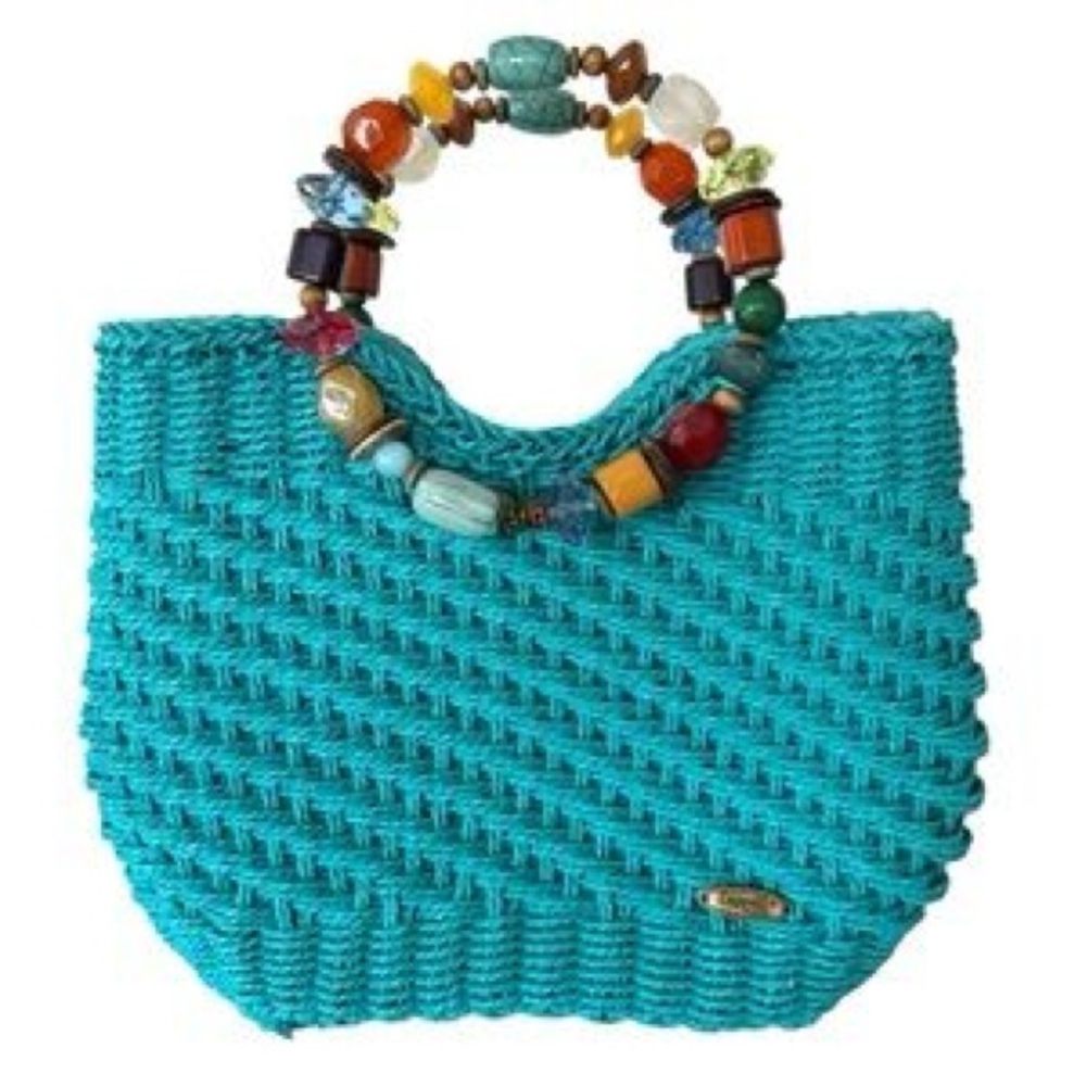 Cappelli Straworld Turquoise Woven Straw Bag Round Bead Handle Lined NEW